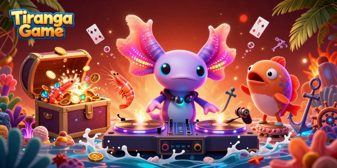 Tiranga Game showcases a neon axolotl DJ surrounded by vibrant underwater elements and glowing treasures.
