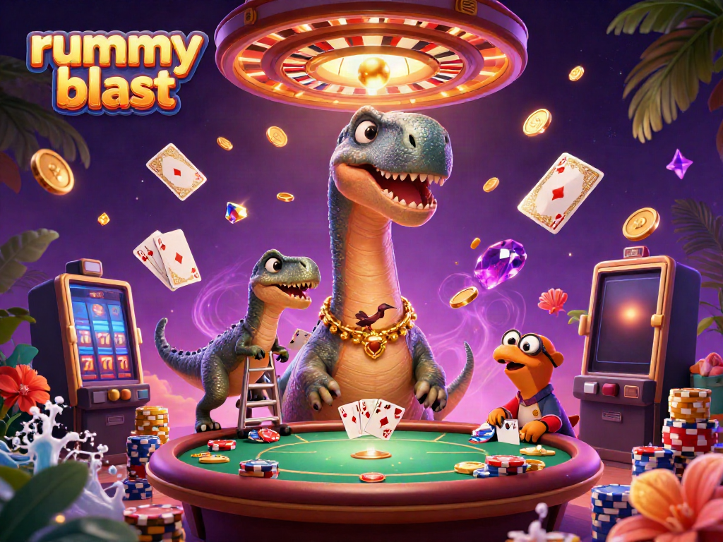 Experience rummy blast excitement with a towering brontosaurus and clever raptor in a vibrant casino scene.