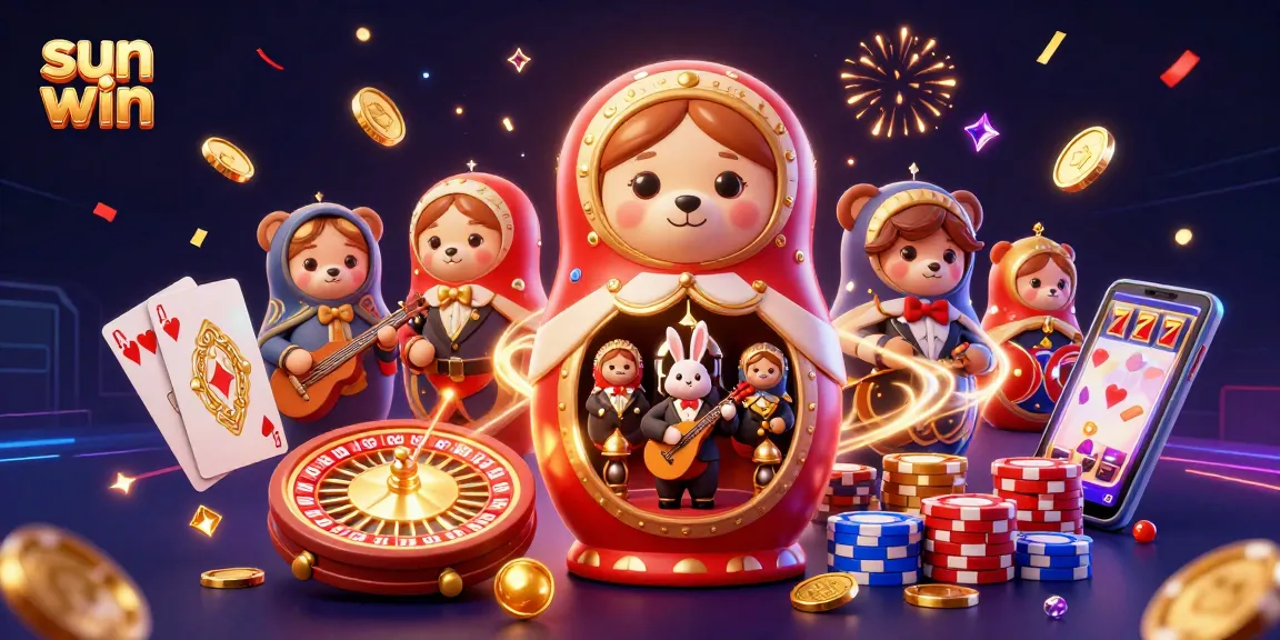 Experience the excitement of sun win with vibrant 3D characters, casino elements, and dazzling effects.