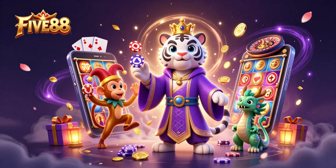 Experience thrilling gameplay at FIVE88 with a vibrant 3D casino illustration featuring iconic characters and gaming elements.