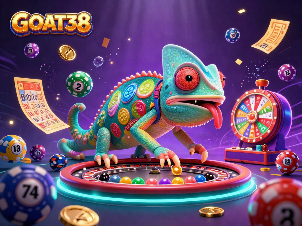 Experience the vibrant GOAT38 casino scene with a colorful chameleon and dynamic game elements.
