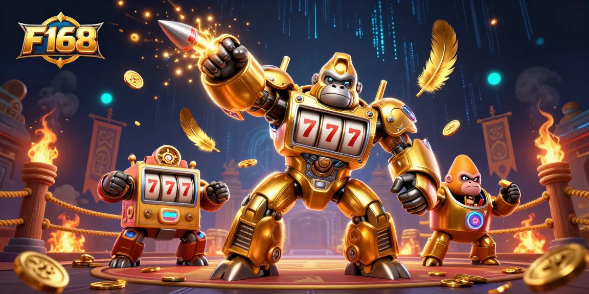 Experience F168 with a dynamic 3D illustration of a golden gorilla mech amidst casino elements.