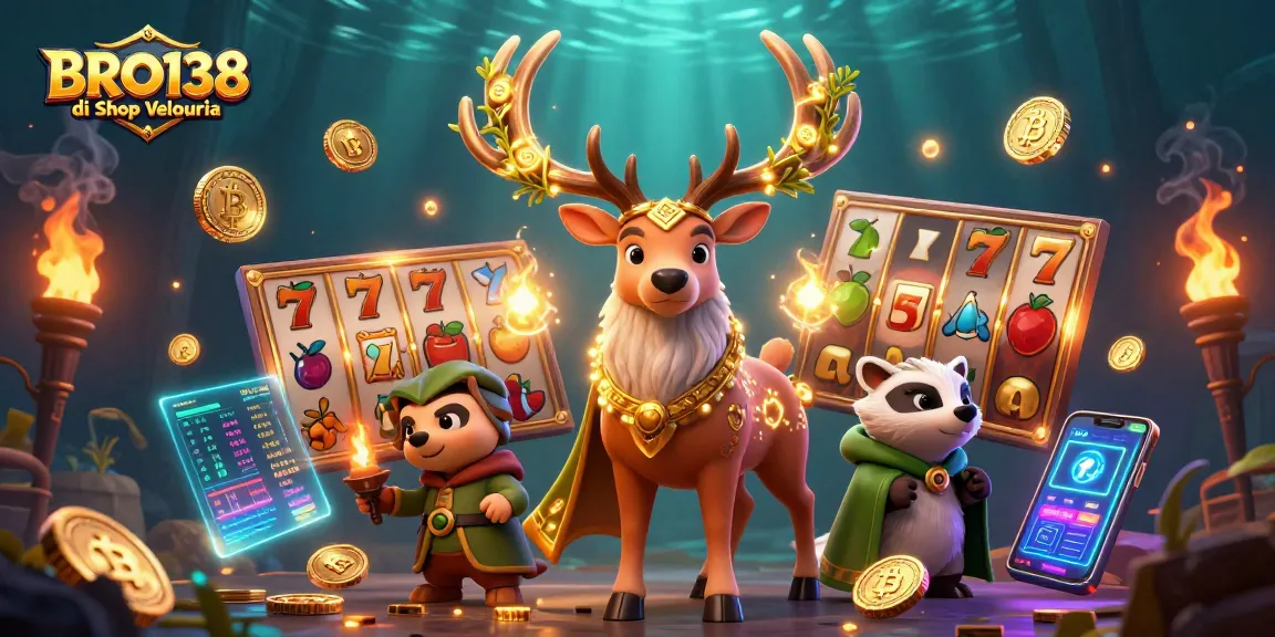 Engage in thrilling gameplay at BRO138 di Shop Velouria with vibrant slot reels and crypto elements.