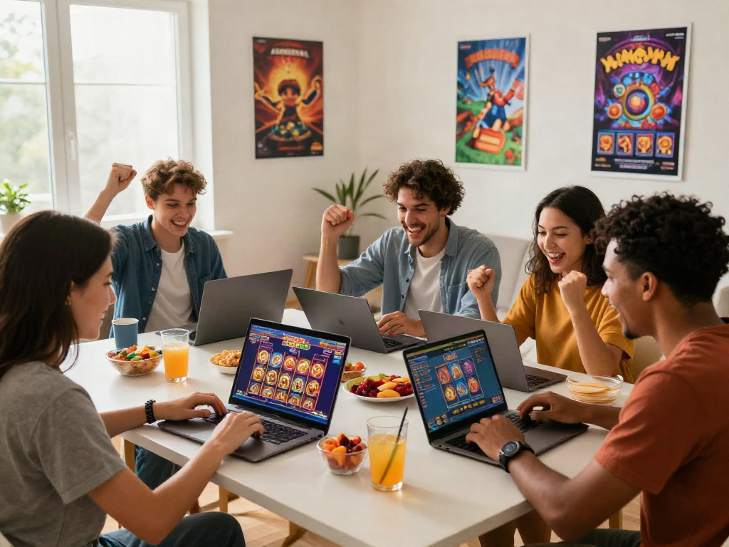 Friends enjoying a lively king999 online slot gaming session in a bright living room.