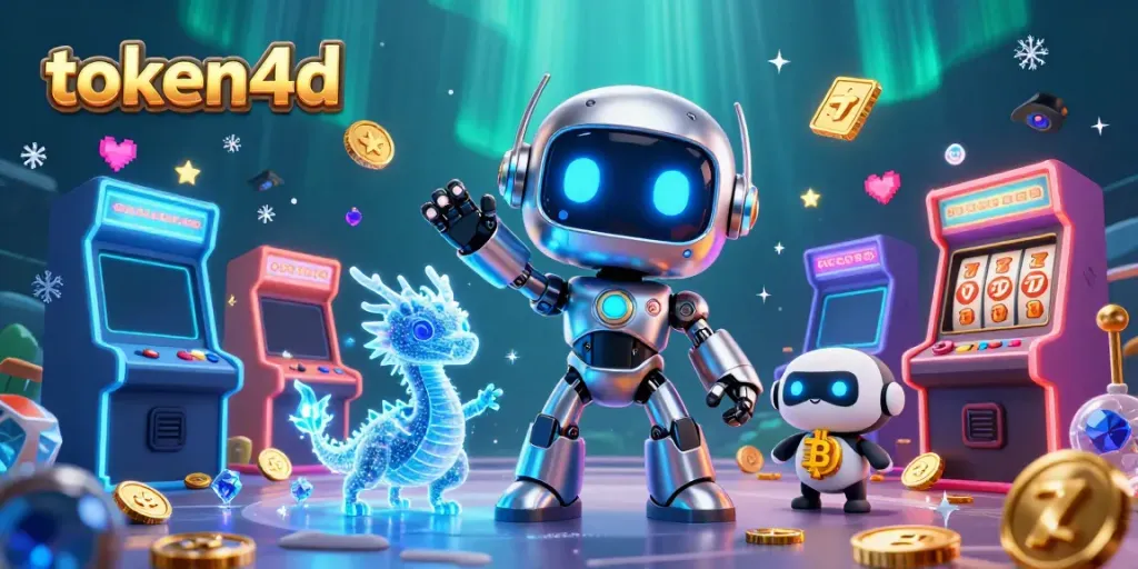 Permainan token4d yang mengasyikkan dengan karakter robot dan naga holografik dalam latar belakang slot.