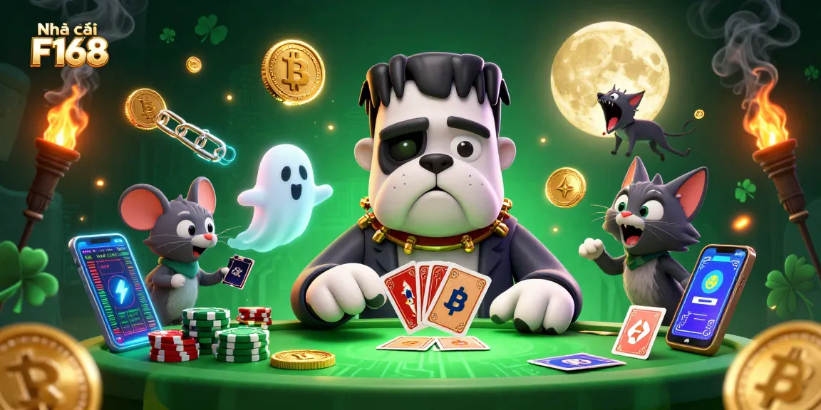 Engage with Nhà cái F168 by seeing a lively casino scene showcasing unique characters and vibrant game elements.