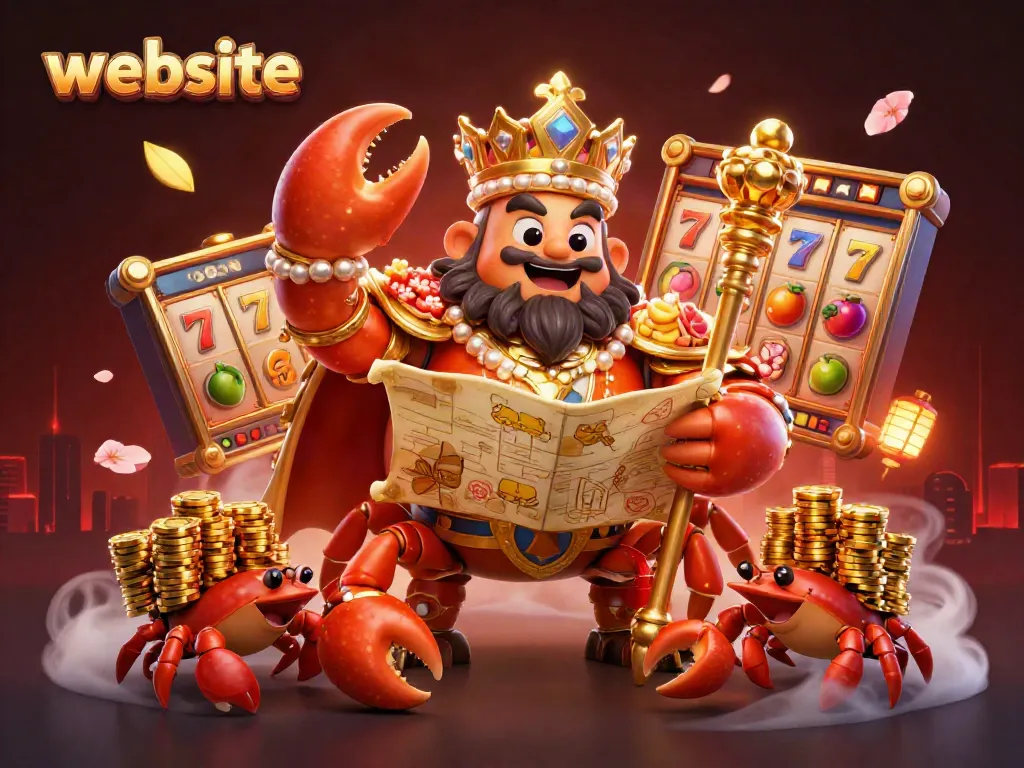Slot website menampilkan krab emas besar, gulungan slot, dan lambang keberuntungan dalam suasana ceria.