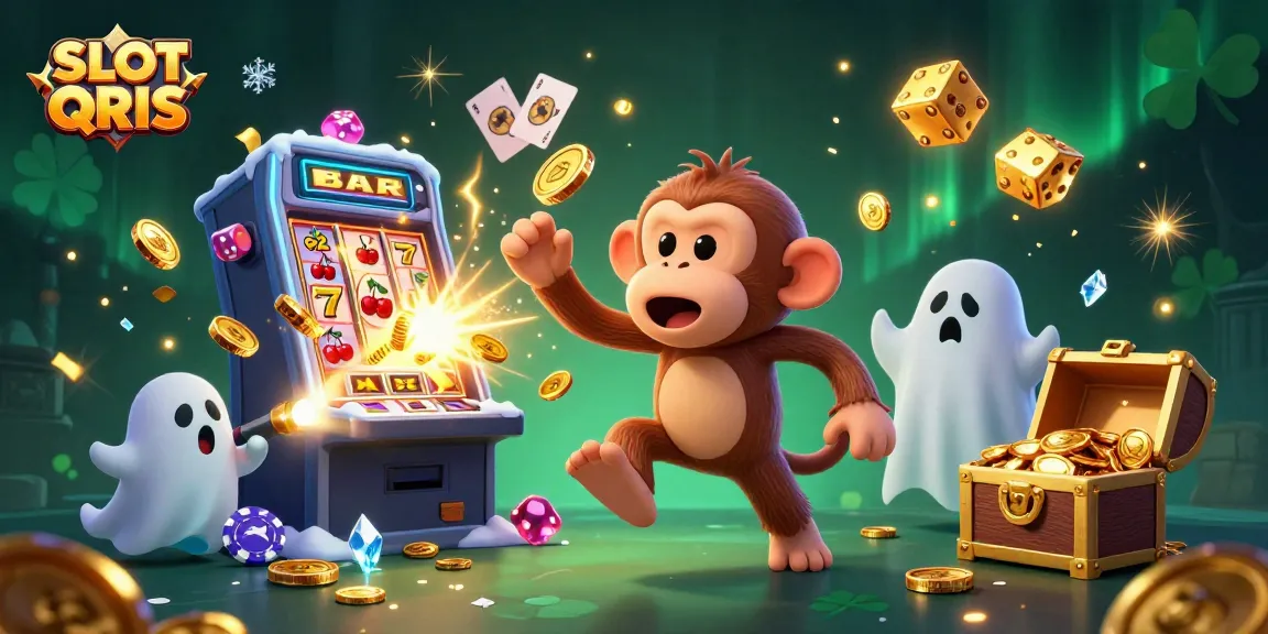 SLOT QRIS showcases a playful poltergeist monkey juggling casino tokens in a lively gambling scene.