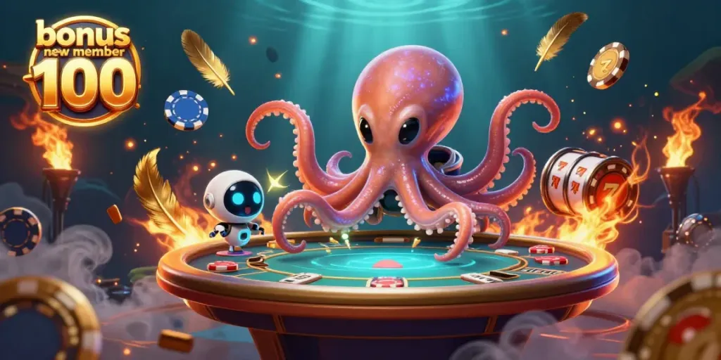 Experience the excitement of bonus new member 100 with a vibrant alien-themed poker scene full of dynamic elements.