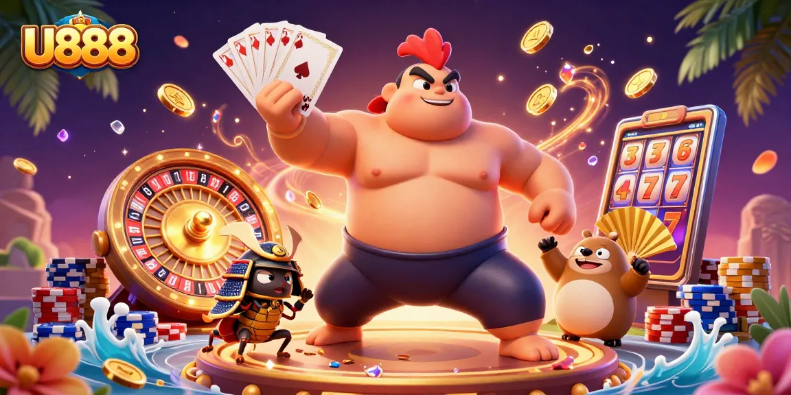 U888 casino illustration showcasing a powerful sumo rooster, samurai cricket, and announcer amidst dynamic gaming elements.
