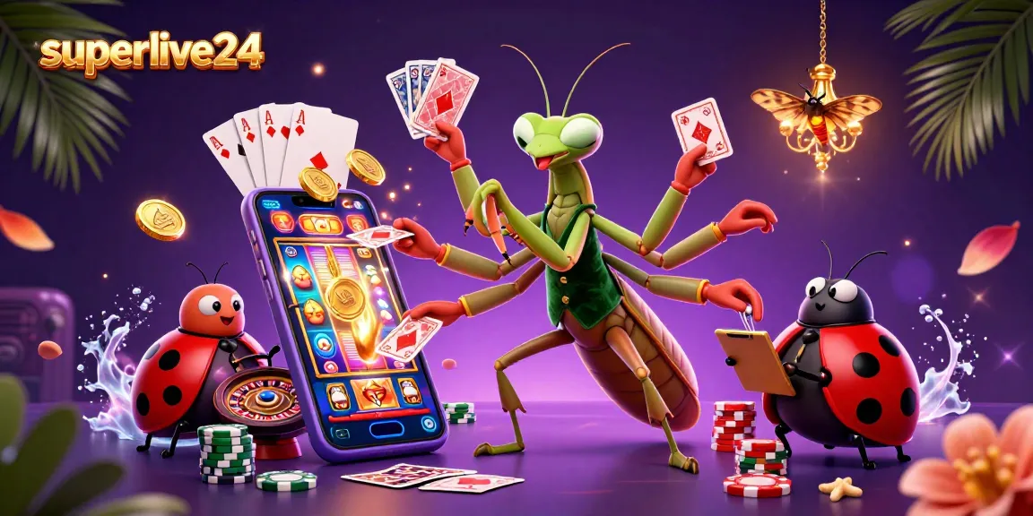 Join the vibrant world of superlive24 with a animated 3D mantis card sharp surrounded by energetic casino elements.