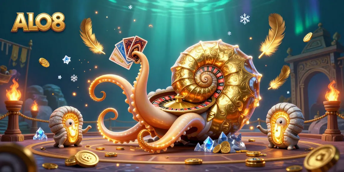 Experience thrilling gaming action with ALO8's captivating 3D nautilus illustration portraying card games and casino excitement.