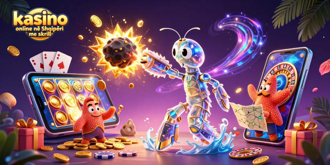 Engage with kasino online në Shqipëri me Skrill in a dynamic 3D cartoon scene filled with vibrant casino elements.