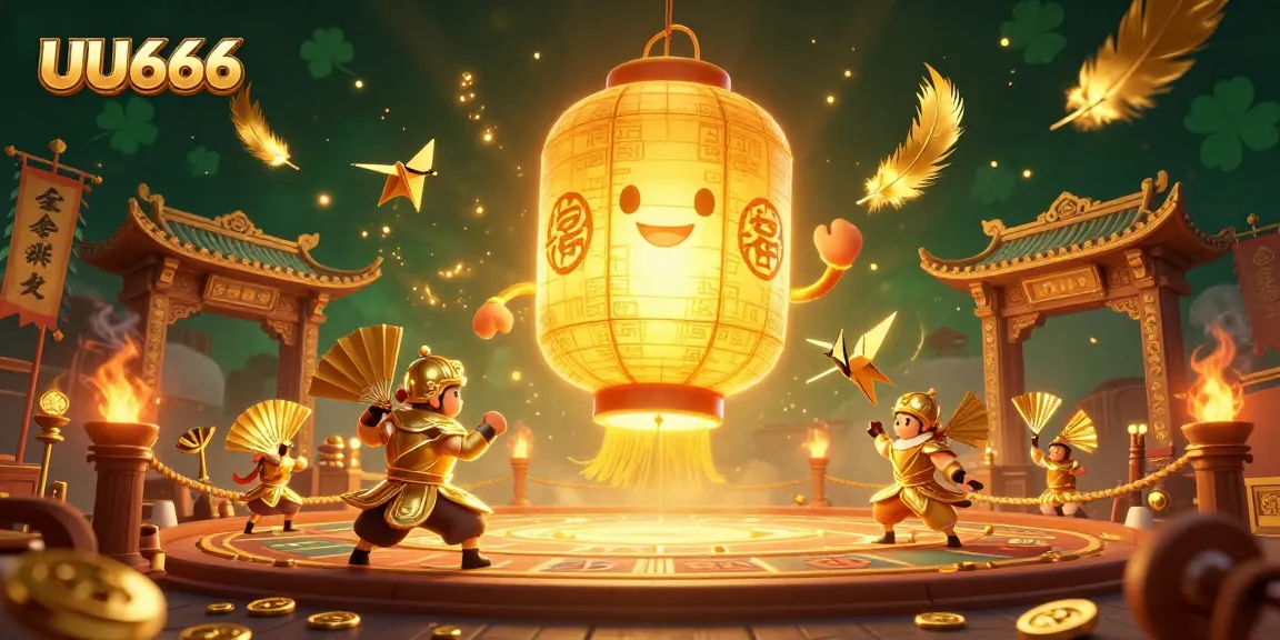 UU666 game spirit illuminating a night market casino, surrounded by gaming symbols and golden decor.