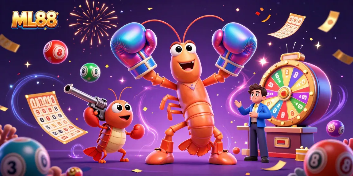 ML88 showcases an exciting casino scene with animated characters and vibrant lottery elements.