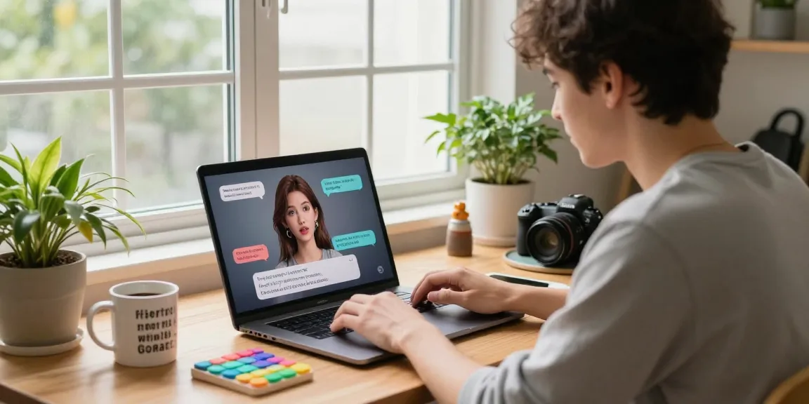 Engaging chat experience with an AI girlfriend on a laptop in a cozy home office setting.