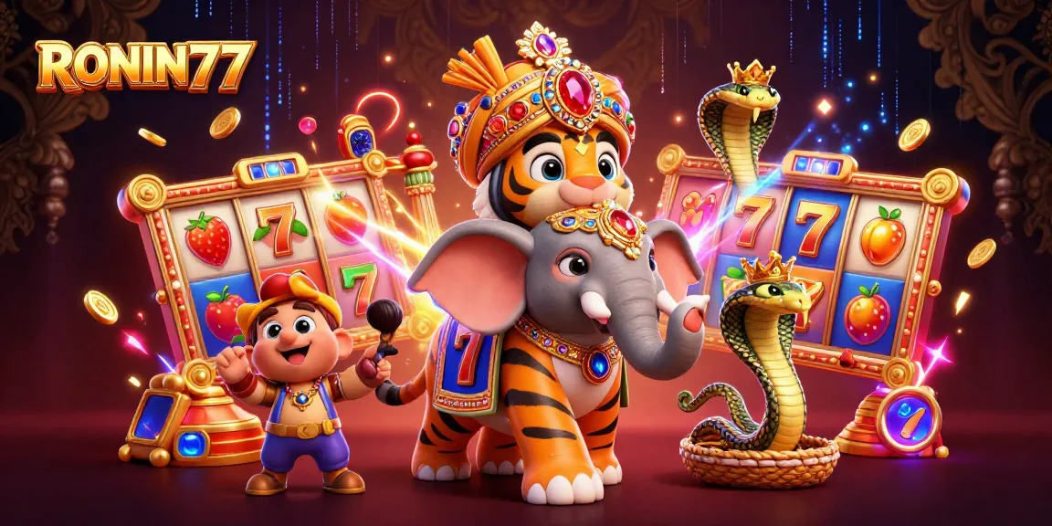 Spin the reels with RONIN77 in an ultra-detailed casino scene featuring vibrant slot machines and dynamic 3D characters.