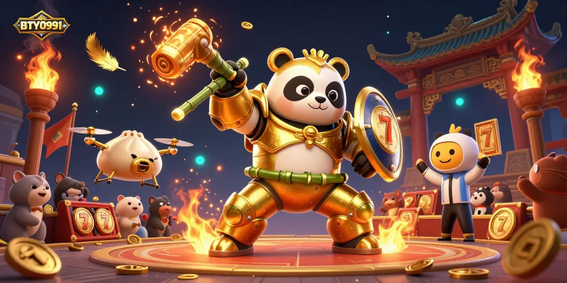 Engage with BTY0991's thrilling casino gameplay, showcasing golden panda and slot elements in an electrifying arena.