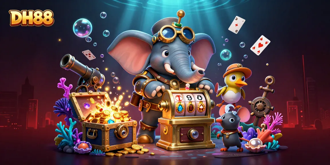 Experience thrilling slots at DH88, with a steampunk elephant operating a golden slot machine, surrounded by treasure chests.
