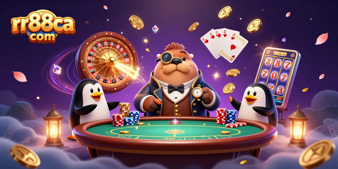 Experience the thrill of high-stakes poker at rr88ca com, featuring a jolly walrus and a sophisticated penguin dealer.