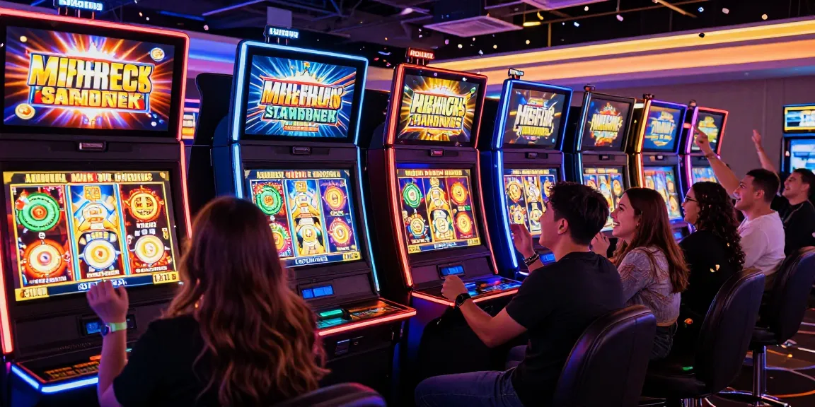Permainan situs slot gacor dengan pemain merayakan kemenangan di mesin slot yang berkilau.