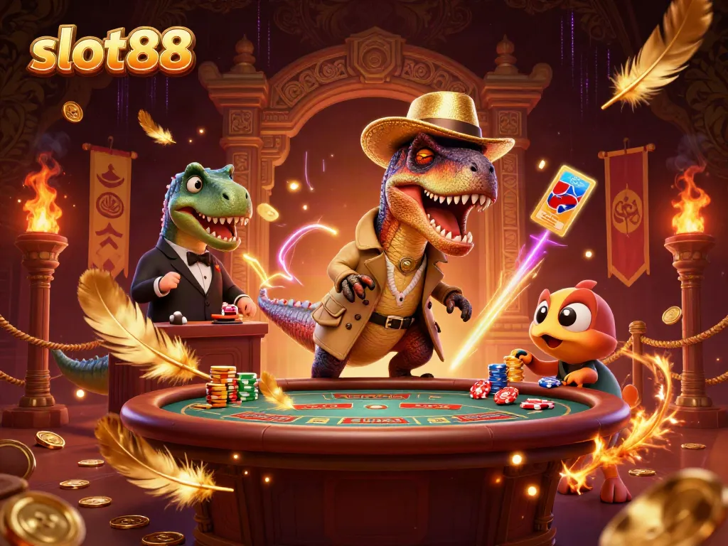 Slot88 menghadirkan pengalaman bermain seru dengan velociraptor di meja blackjack yang mencolok.