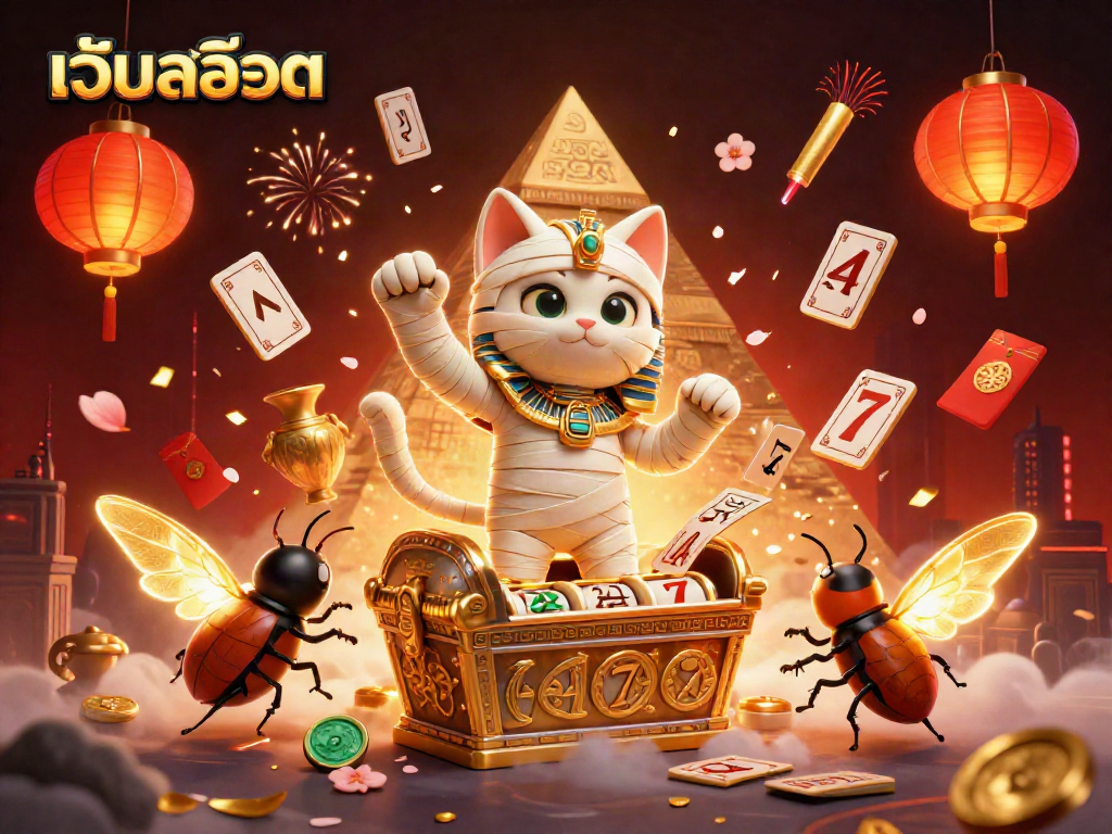 Experience thrilling เว็บสล็อต gameplay with a 3D cartoon Egyptian mummy cat and vibrant casino elements.