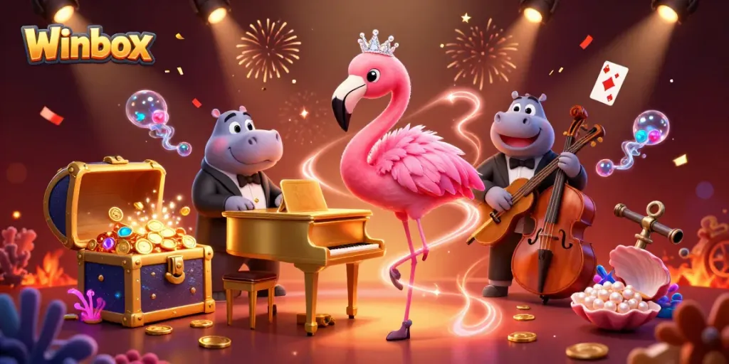 Experience the thrill of Winbox with a vibrant casino scene featuring a flamingo singer and gem-filled treasures.