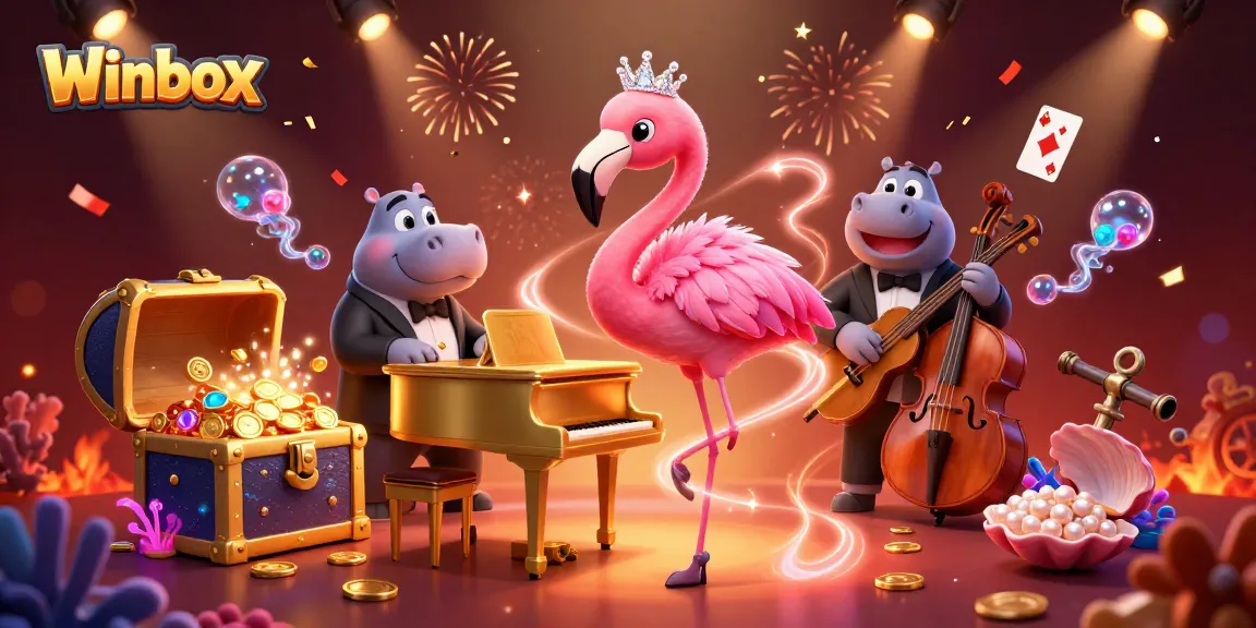 Experience the thrill of Winbox with a vibrant casino scene featuring a flamingo singer and gem-filled treasures.