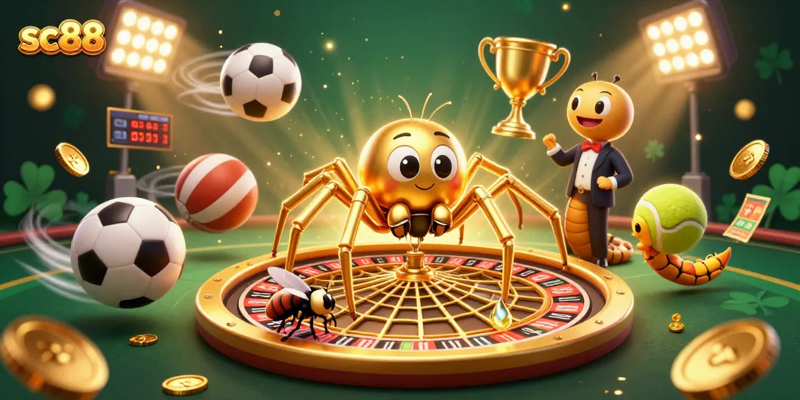 Sc88 offers thrilling bets as a golden spider spins a roulette wheel web, captivating online gamers.