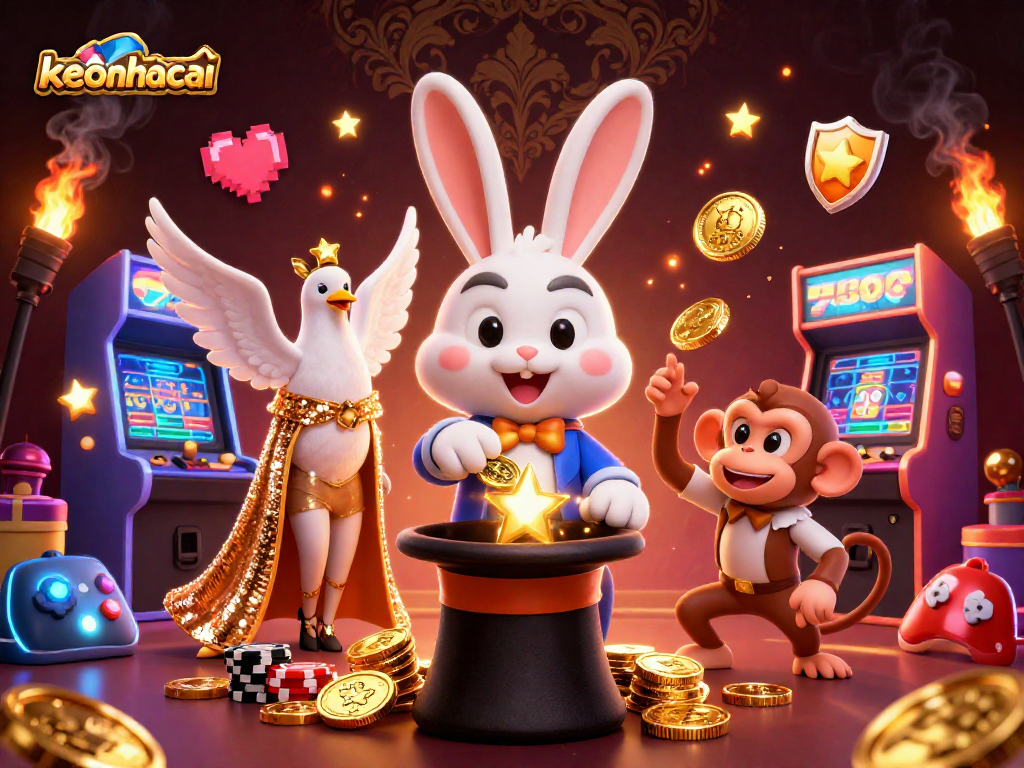 Experience the thrill of keonhacai through a vibrant casino scene with magical characters and glowing games.
