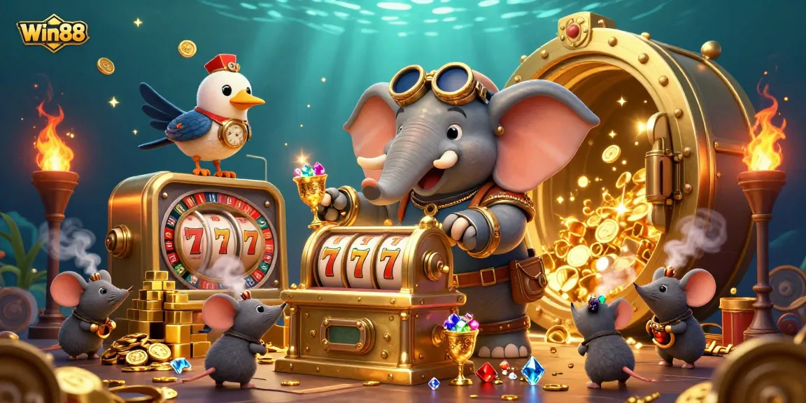 Engage with Win88's thrilling casino experience featuring a lively steampunk elephant operating a slot machine.