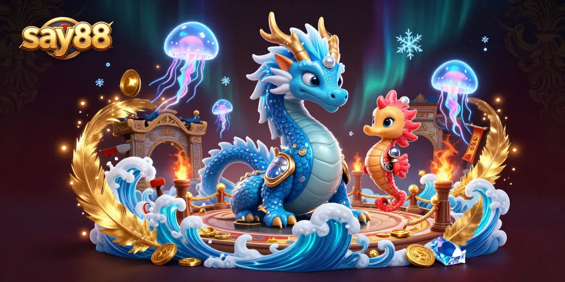 Experience thrilling gameplay at say88, featuring a majestic dragon amidst casino treasures and vibrant underwater elements.