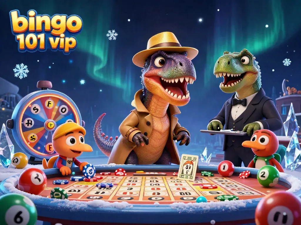 Gambarkan bingo 101 vip dengan karakter dinosaurus dan elemen bingo menarik.
