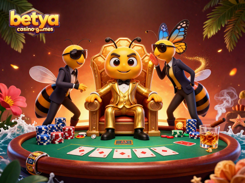 Engage with betya.com casino games at a vibrant poker table in a unique bumblebee mob boss scene.
