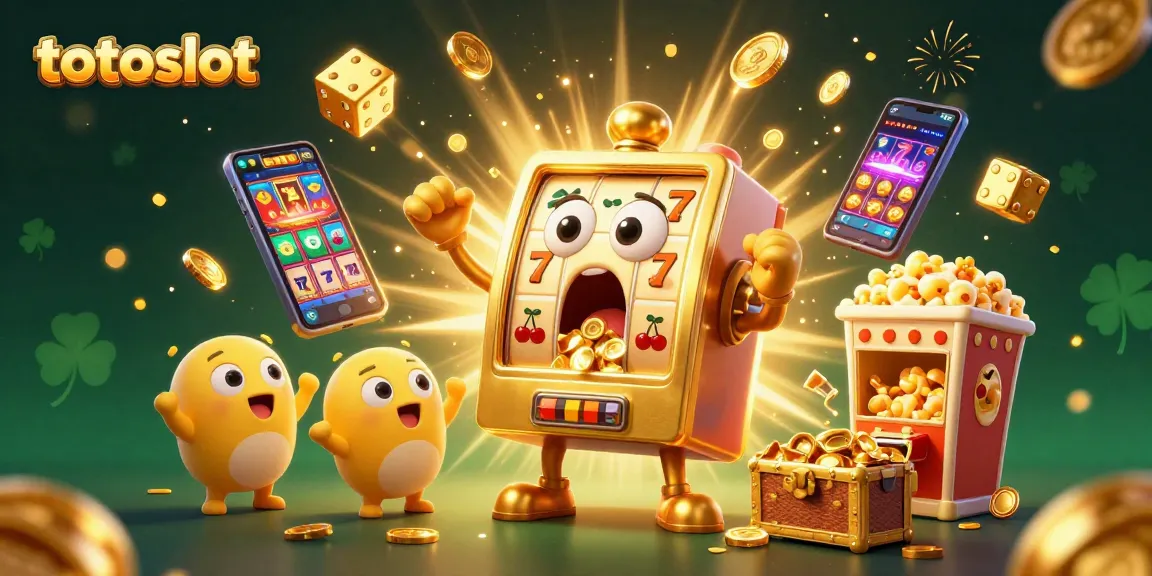 Totoslot reveals excitement as golden coins cascade from a surprised slot machine, cheering smaller machines celebrate.