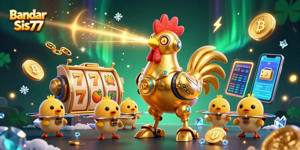 Gali jackpot menarik di Bandar Slot Sis77 dengan ilustrasi menarik ayam jantan robot dan elemen permainan.