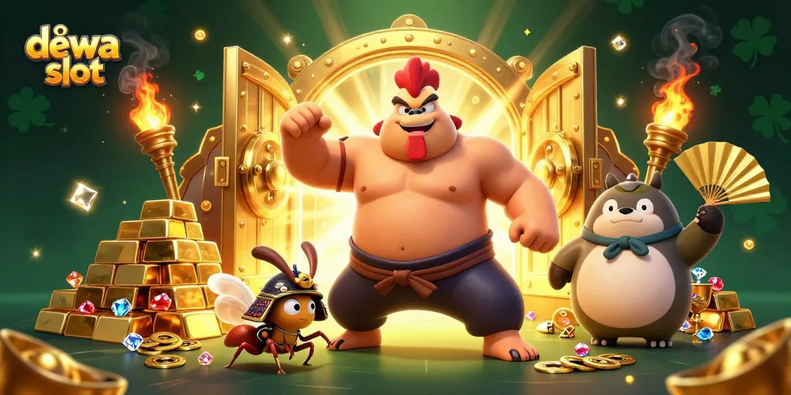 Experience dewa slot action with a dynamic 3D cartoon scene featuring a powerful sumo rooster, a fierce cricket, and an announcer surrounded by treasures.