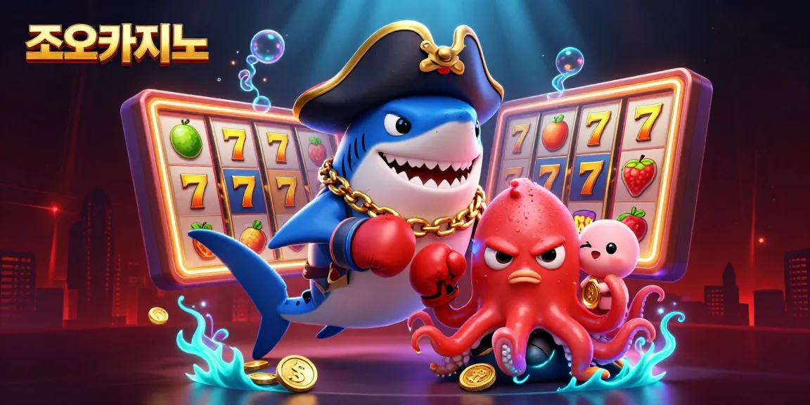 Engage with exciting games at 조이카지노 featuring dynamic characters surrounded by colorful casino elements.