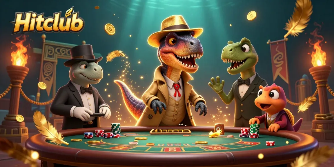 Hitclub velociraptor card counter at a blackjack table, surrounded by dynamic casino elements.