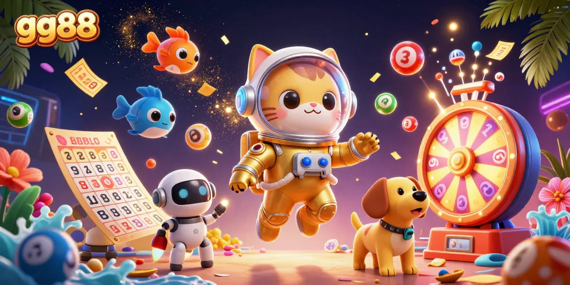 Experience exciting gaming at gg88 with cat astronauts, robot dogs, and vibrant lottery elements in a dynamic space setting.