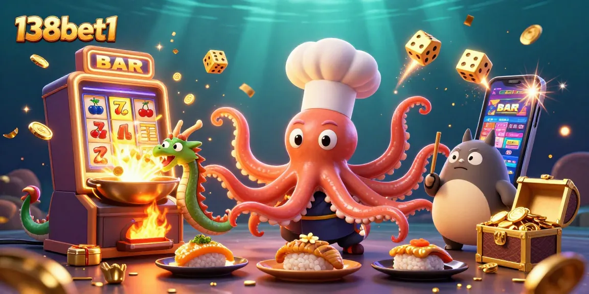 Experience the excitement of 138bet1 with a dynamic casino scene featuring cartoon characters and slot machines.