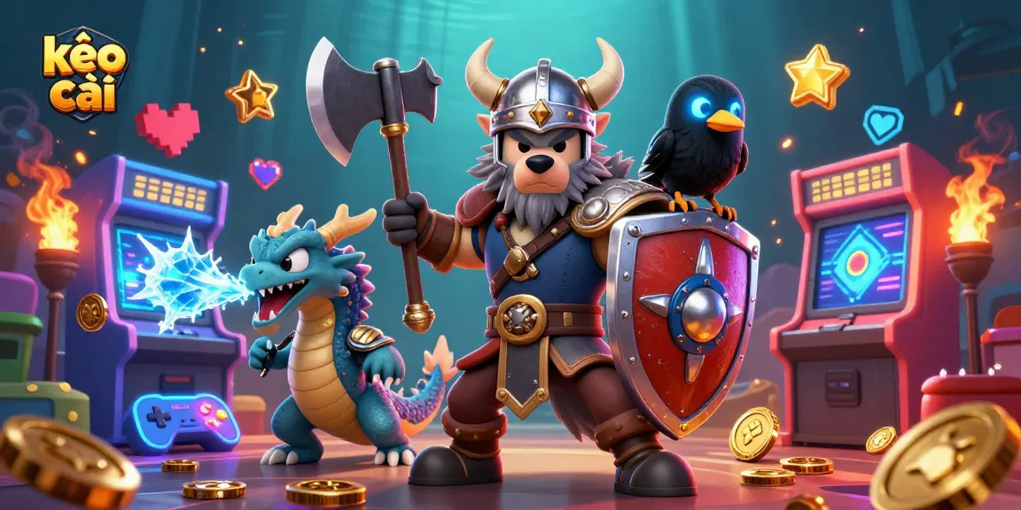 Bet on kèo nhà cái with engaging visuals showcasing a Viking wolf warrior, fierce dragon, and cartoon raven amidst vibrant gaming elements.