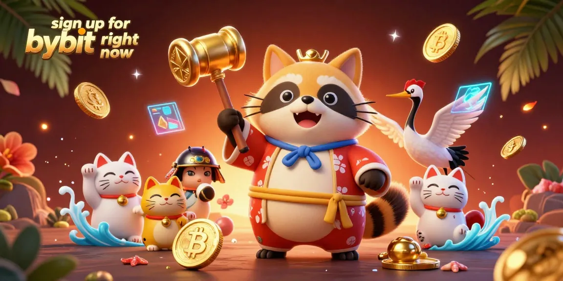 Sign up for Bybit right now to engage with vibrant crypto-themed illustration of cheerful tanuki and lucky symbols.