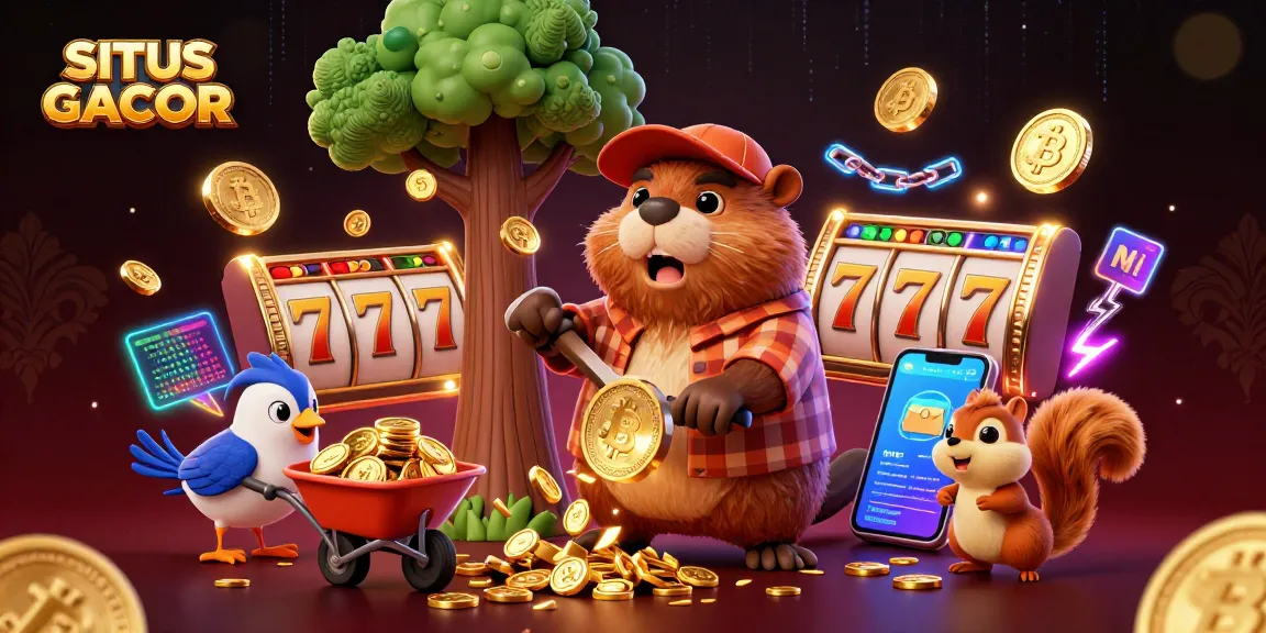 Experience the excitement of SITUS GACOR with vibrant characters collecting golden coins amidst slot machine elements.