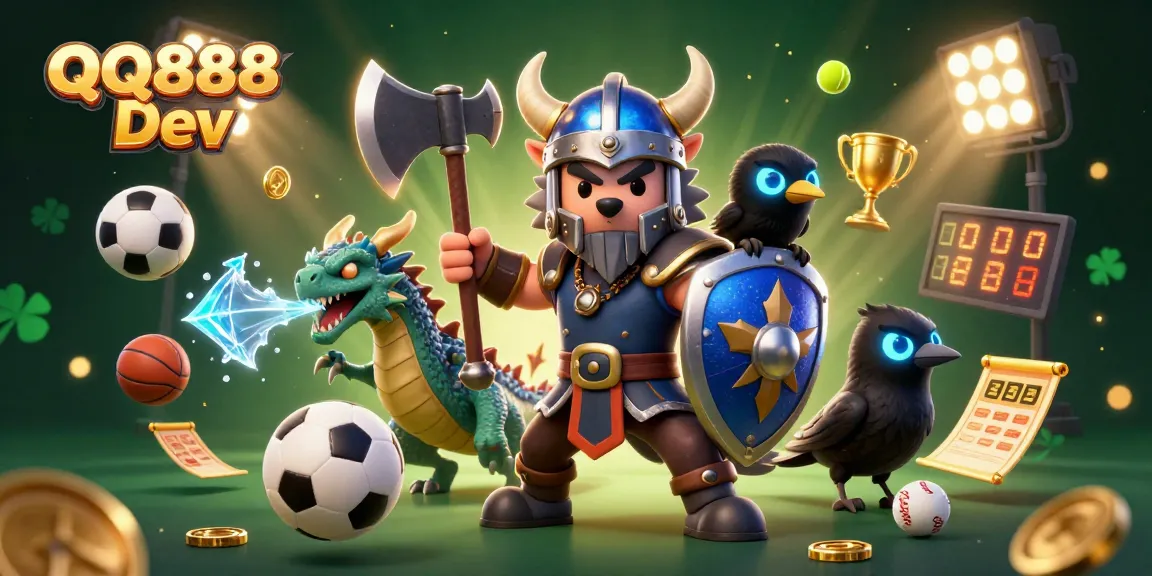 Engage in thrilling gameplay with QQ888 Dev, showcasing a Viking warrior, dragon, and raven in action.