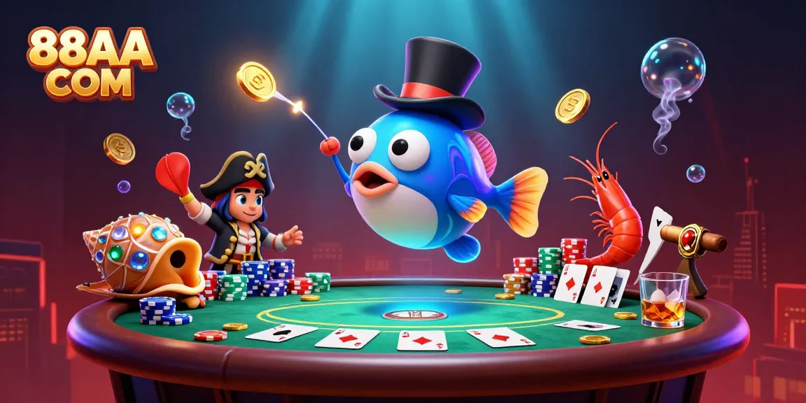 Engage with 88AA COM in a vibrant casino scene featuring fun characters and exciting poker elements.