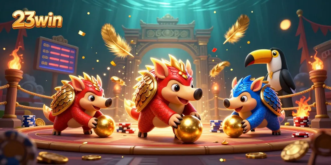 Experience thrilling gameplay with 23win as rival pangolins roll for winning balls amidst poker chips.