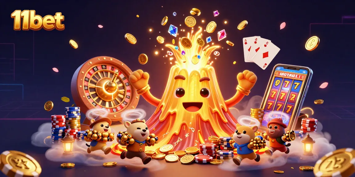 Experience the excitement of 11bet with a triumphant golden volcano and treasure-filled animal explorers.