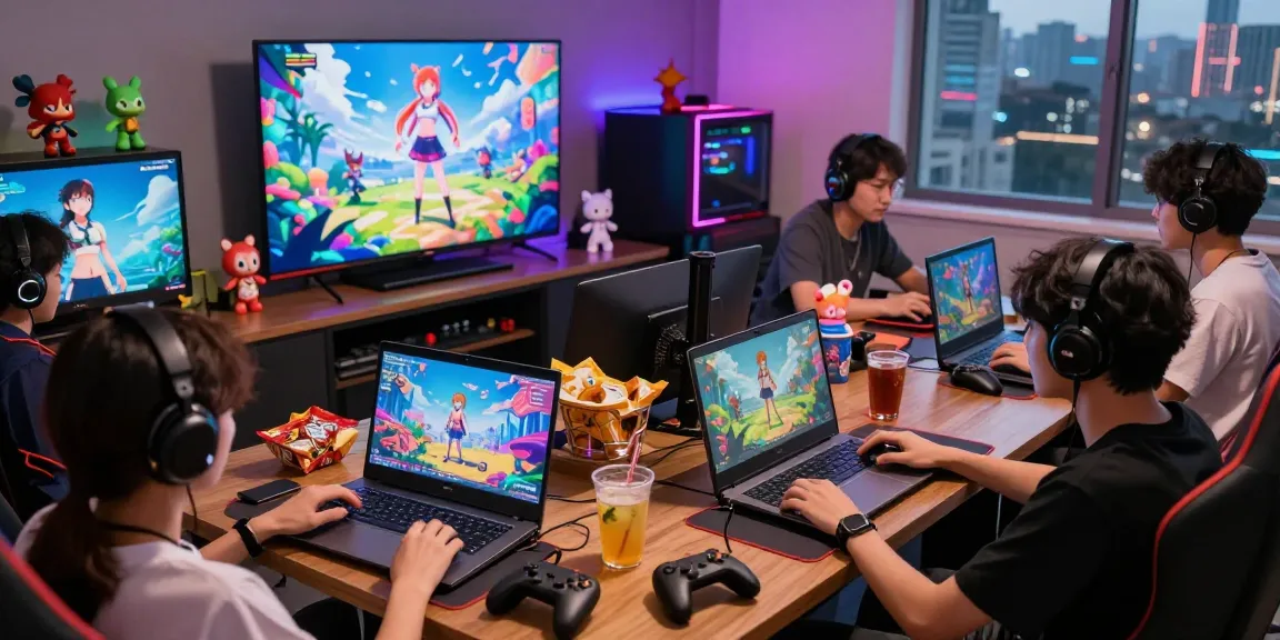 Immersive gaming scene with friends playing hentai games, vibrant anime graphics in a cozy lounge.